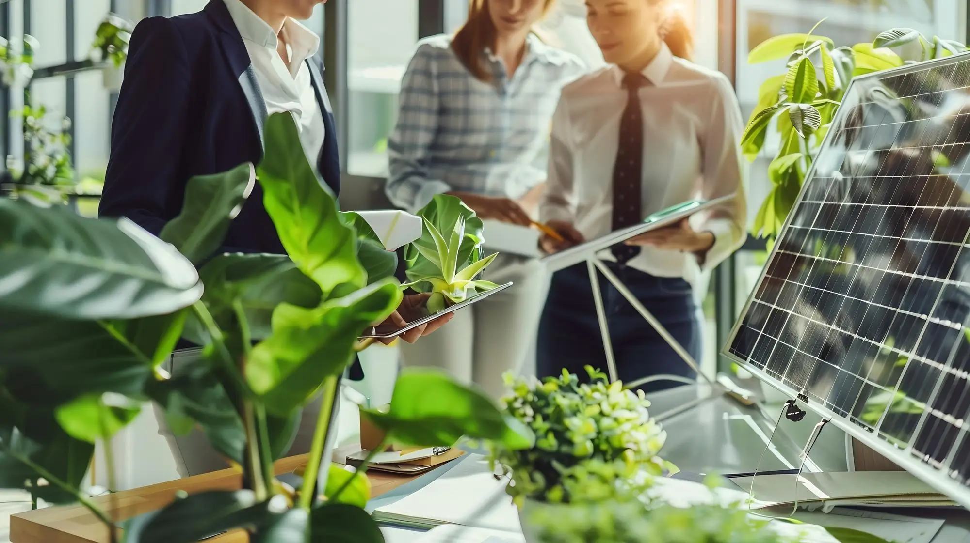 Gruppo di persone in ufficio che analizza un pannello solare tra piante e documenti di lavoro